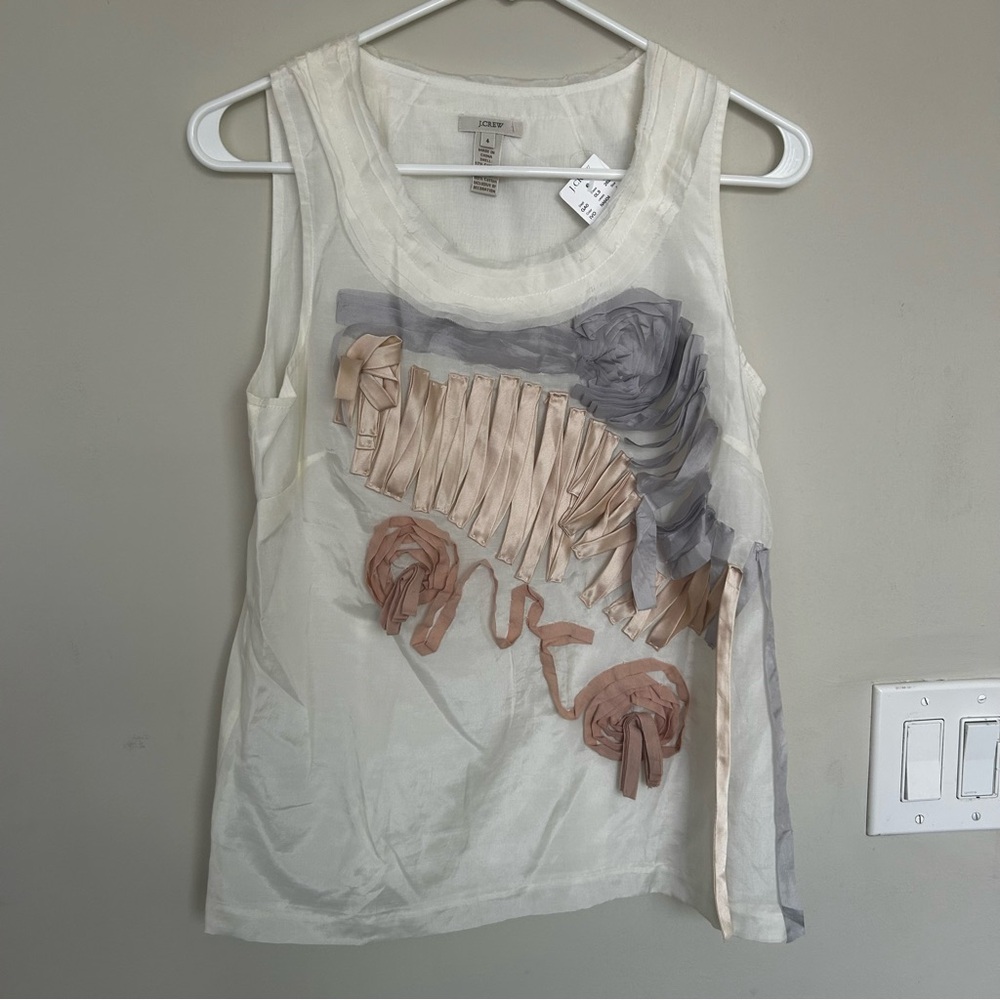 NWT J.Crew ivory sleeveless tank top ribbon and tulle embellishments. Size 4